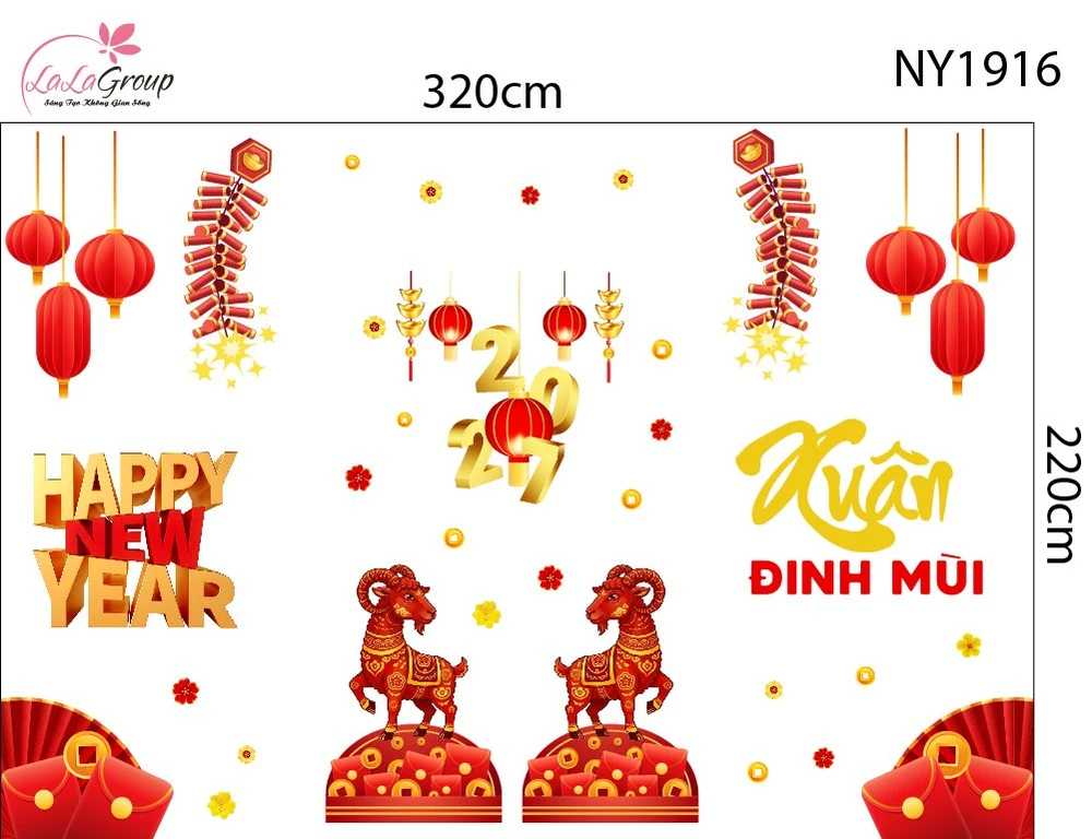 Combo Decal Trang Trí Tết Happy New Year Xuân Đinh Mùi 2027