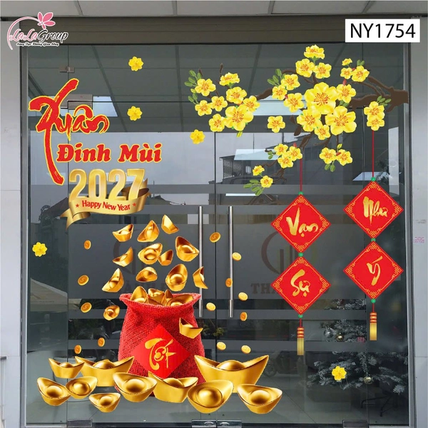 Combo Decal Trang Trí Tết Xuân Đinh Mùi 2027 Túi Tiền Tài Lộc