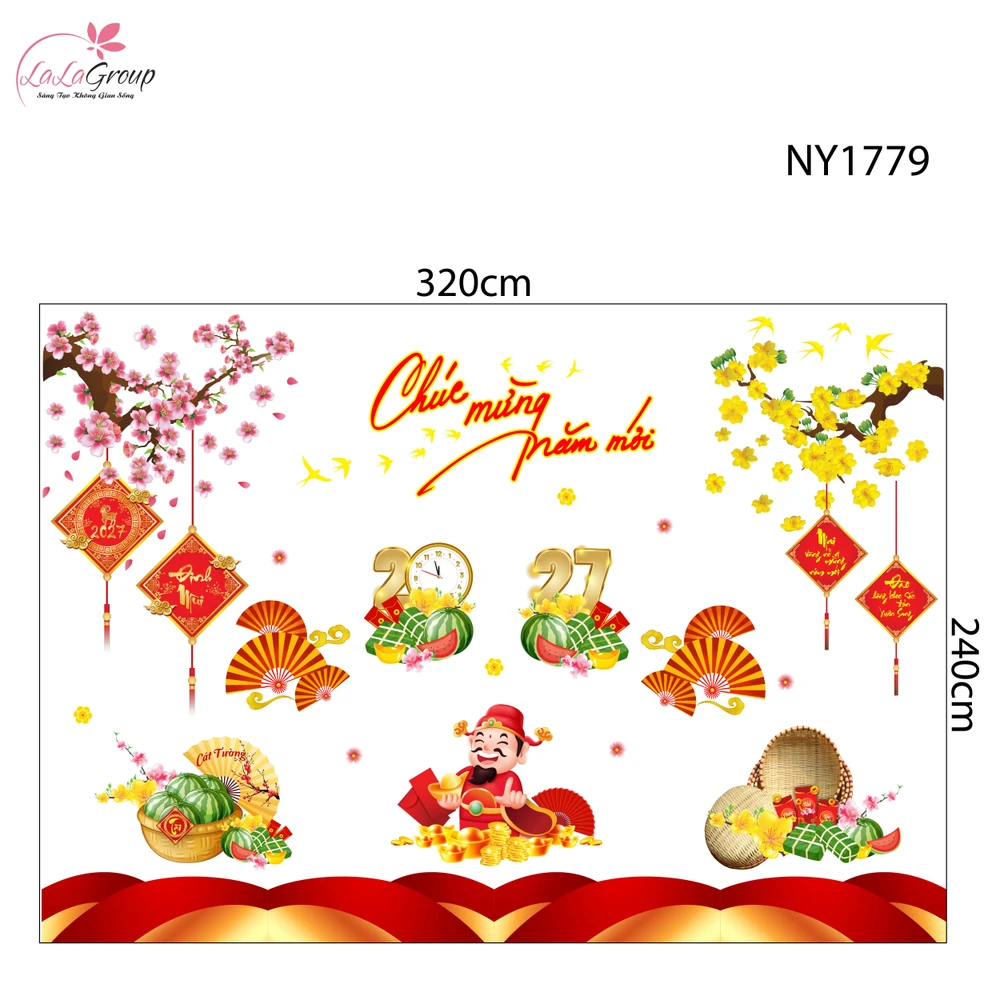 Combo Decal Trang Trí Tết Xuân Đinh Mùi Thần Tài Phúc Lộc 2027