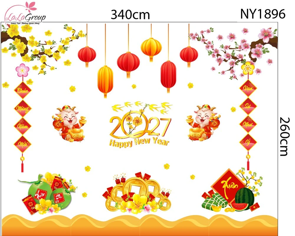 Combo Decal Trang Trí Tết Xuân Bính Ngọ Đồng Tiền Vàng May Mắn 2027