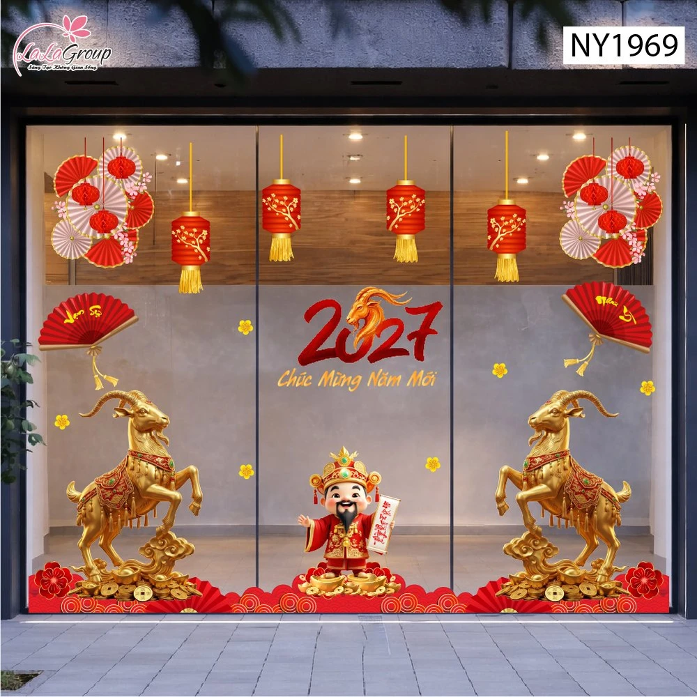 Combo Decal Trang Trí Tết Thần Tài Chúc Mừng Năm Mới Hạnh Phúc