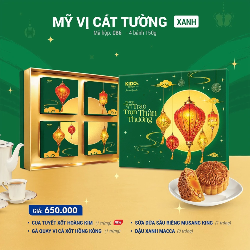 (CB6) Hộp 4 Bánh Trung Thu Kido Mỹ Vị Cát Tường Xanh Lá