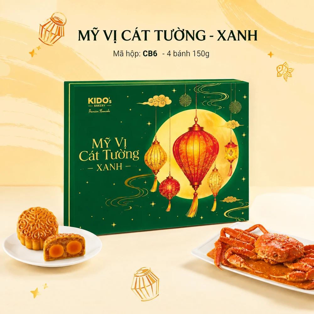 (CB6) Hộp 4 Bánh Trung Thu Kido Mỹ Vị Cát Tường Xanh Lá