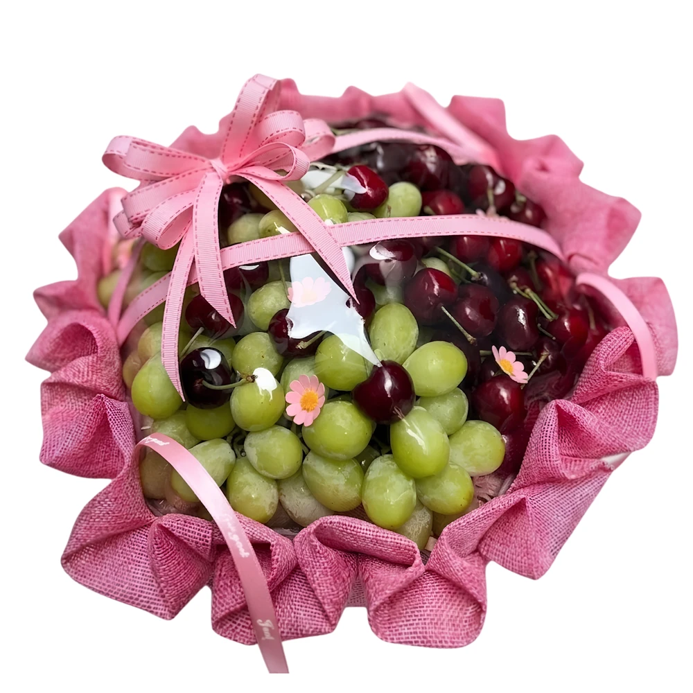 Giỏ Trái Cây Nho Xanh Và Cherry Nhập Khẩu Sang Trọng Tone Hồng