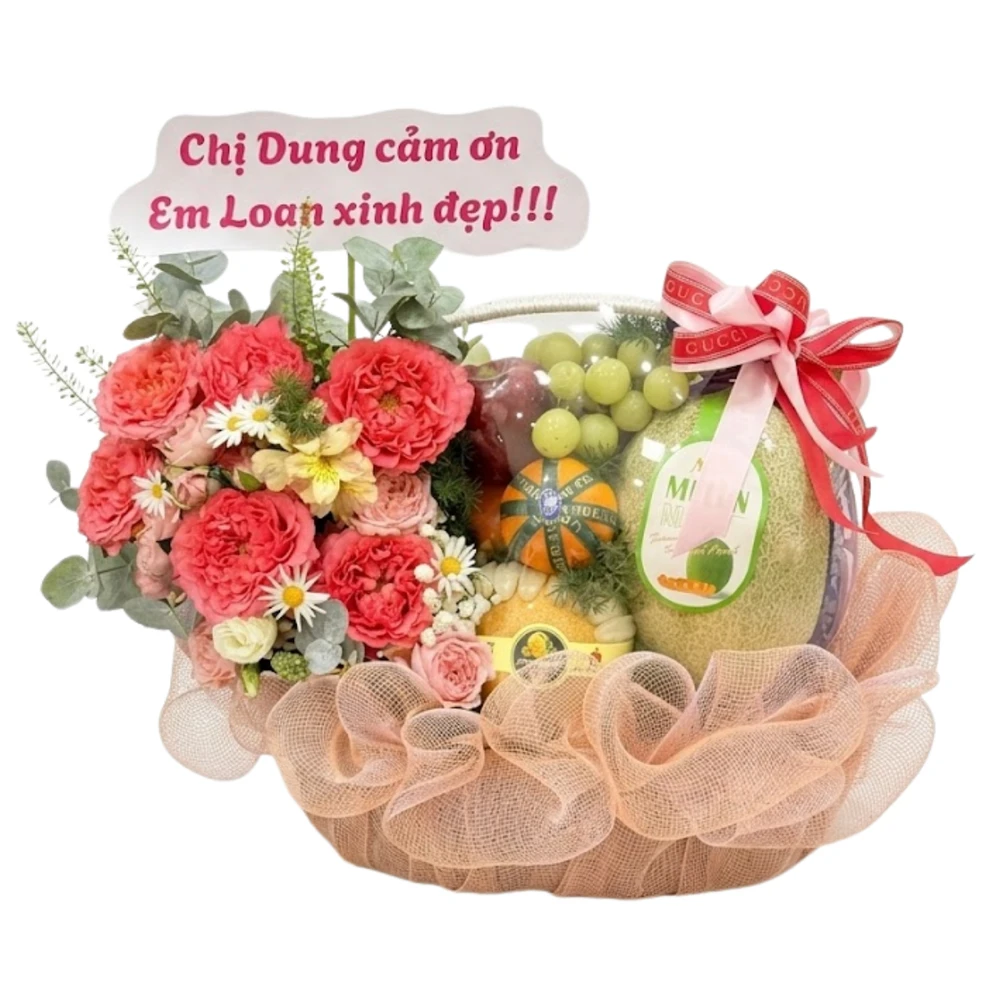 Giỏ Trái Cây Mix Hoa Mẫu Đơn Tone Hồng Cam Phú Quý Cát Tường
