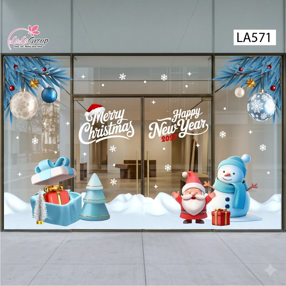 Combo Decal Nguyên Tấm Trang Trí Noel Cành Thông Xanh Băng, Hộp Quà May Mắn Và Người Tuyết