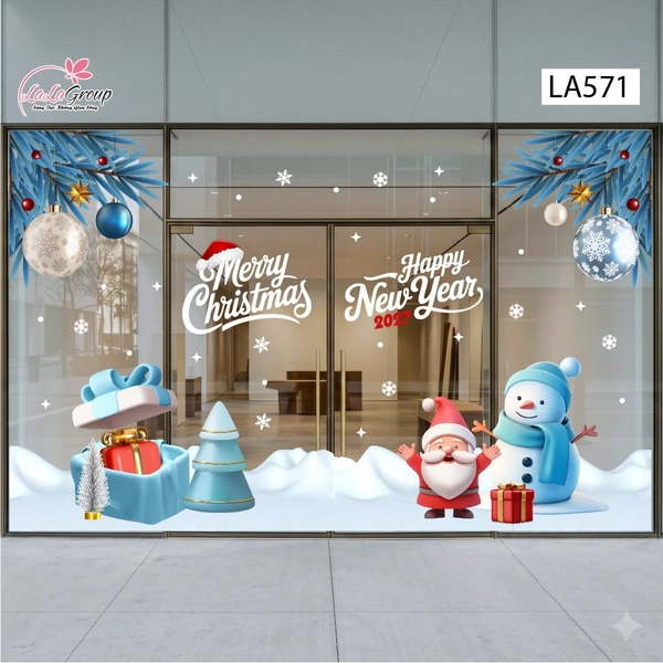 Combo Decal Nguyên Tấm Trang Trí Noel Cành Thông Xanh Băng, Hộp Quà May Mắn Và Người Tuyết