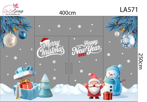 Combo Decal Nguyên Tấm Trang Trí Noel Cành Thông Xanh Băng, Hộp Quà May Mắn Và Người Tuyết