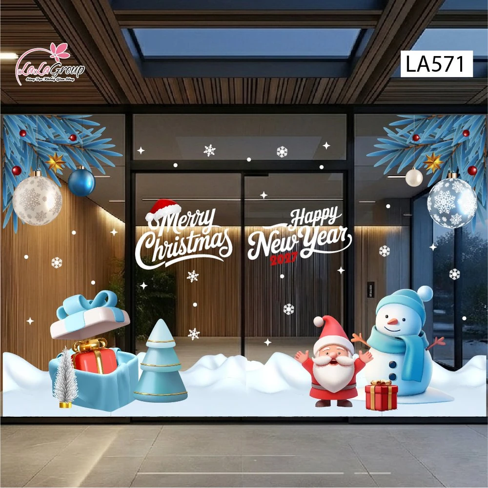 Combo Decal Nguyên Tấm Trang Trí Noel Cành Thông Xanh Băng, Hộp Quà May Mắn Và Người Tuyết