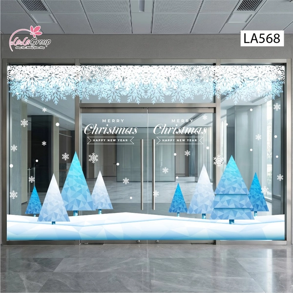 Combo Decal Nguyên Tấm Trang Trí Noel Cây Thông Hình Khối Xanh Băng Tuyết Sang Trọng