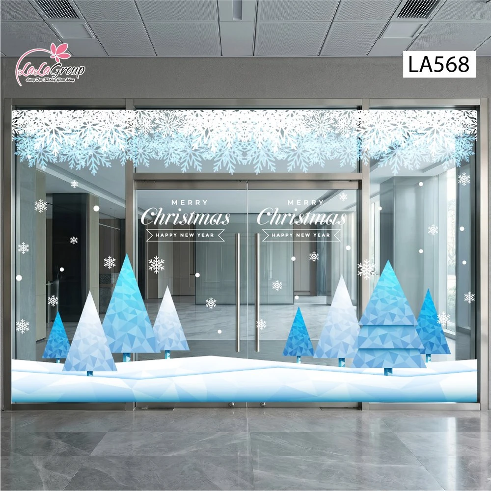 Combo Decal Nguyên Tấm Trang Trí Noel Cây Thông Hình Khối Xanh Băng Tuyết Sang Trọng