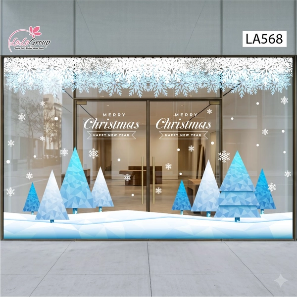 Combo Decal Nguyên Tấm Trang Trí Noel Cây Thông Hình Khối Xanh Băng Tuyết Sang Trọng