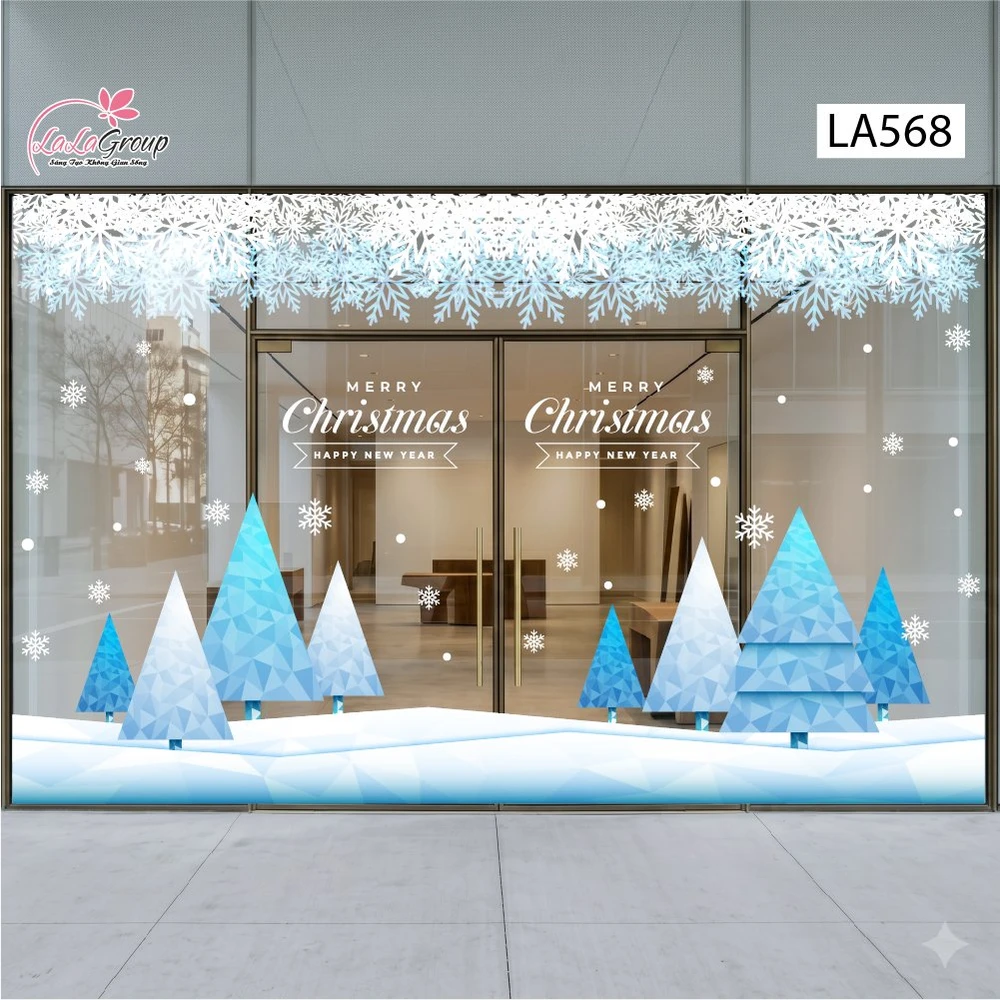 Combo Decal Nguyên Tấm Trang Trí Noel Cây Thông Hình Khối Xanh Băng Tuyết Sang Trọng