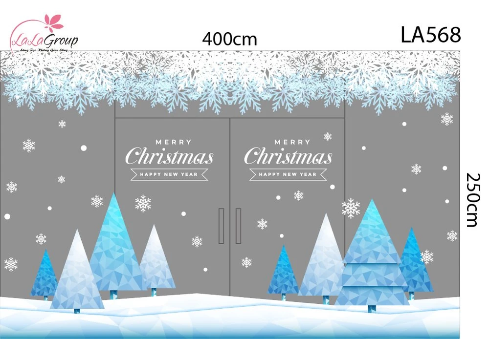 Combo Decal Nguyên Tấm Trang Trí Noel Cây Thông Hình Khối Xanh Băng Tuyết Sang Trọng
