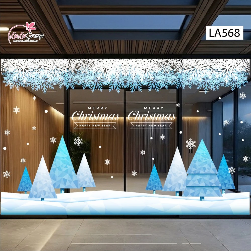 Combo Decal Nguyên Tấm Trang Trí Noel Cây Thông Hình Khối Xanh Băng Tuyết Sang Trọng