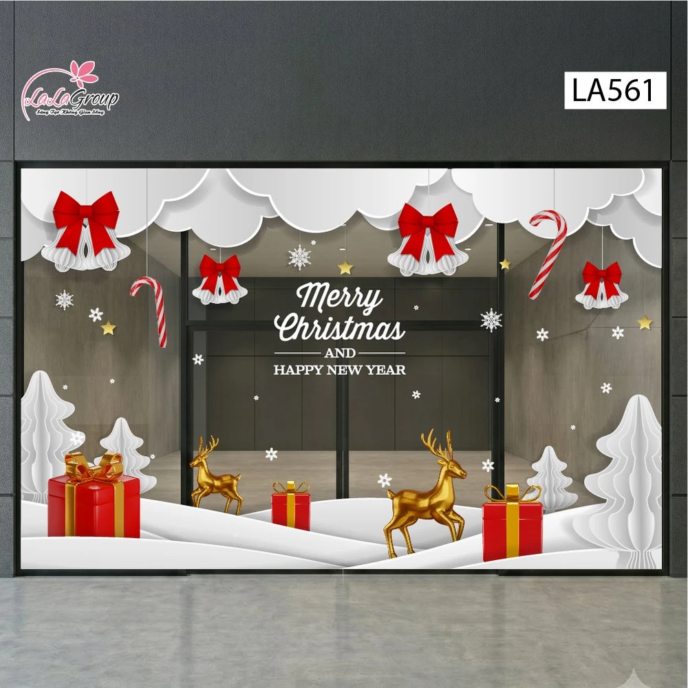 Combo Decal Nguyên Tấm Trang Trí Noel Chuông Nơ Đỏ Và Tuần Lộc Vàng Dán Cửa Kính