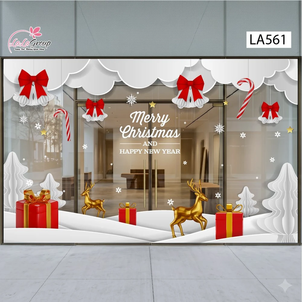 Combo Decal Nguyên Tấm Trang Trí Noel Chuông Nơ Đỏ Và Tuần Lộc Vàng Dán Cửa Kính