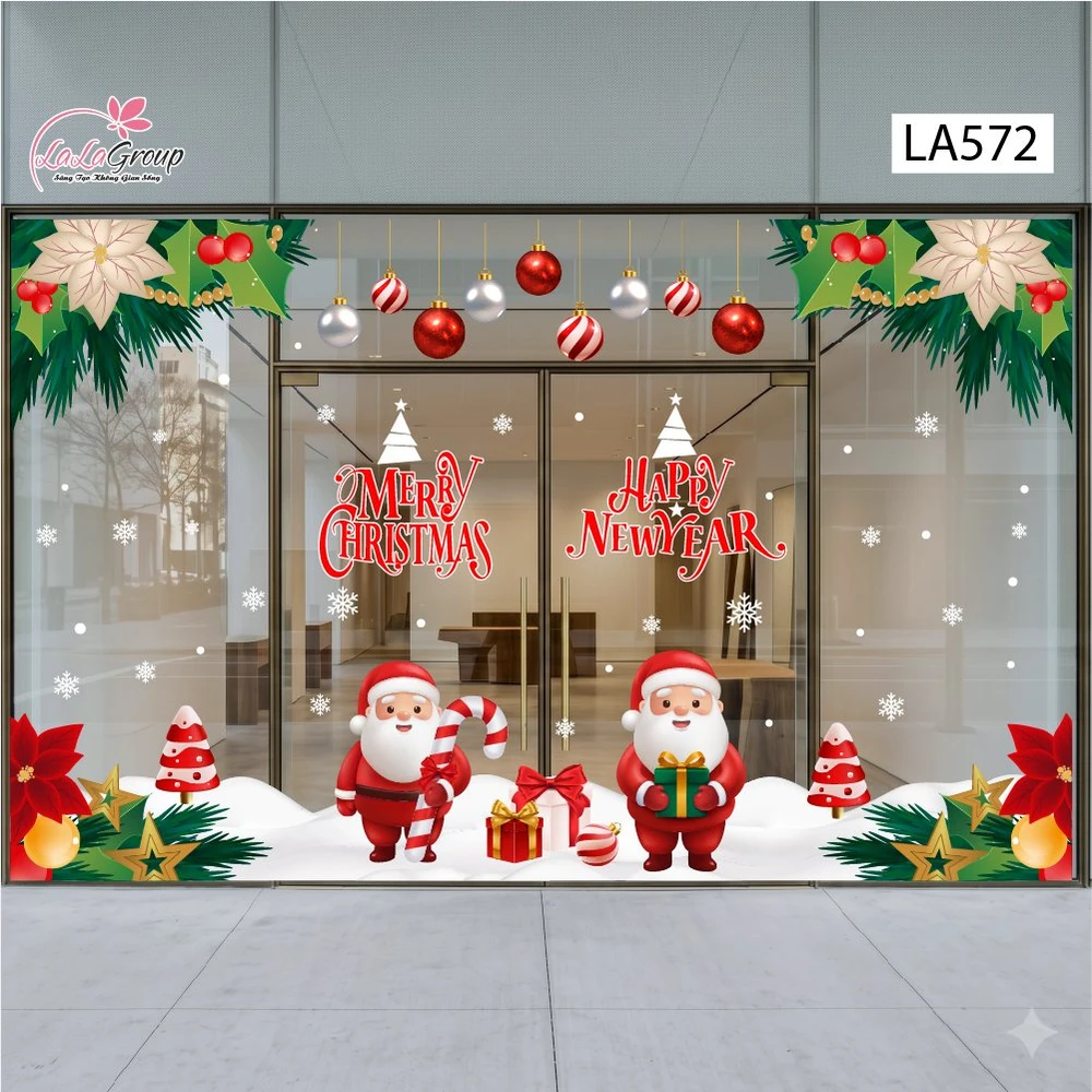Combo Decal Nguyên Tấm Trang Trí Noel Hoa Trạng Nguyên, Quả Châu Treo Và Ông Già Noel