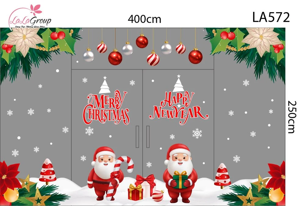 Combo Decal Nguyên Tấm Trang Trí Noel Hoa Trạng Nguyên, Quả Châu Treo Và Ông Già Noel