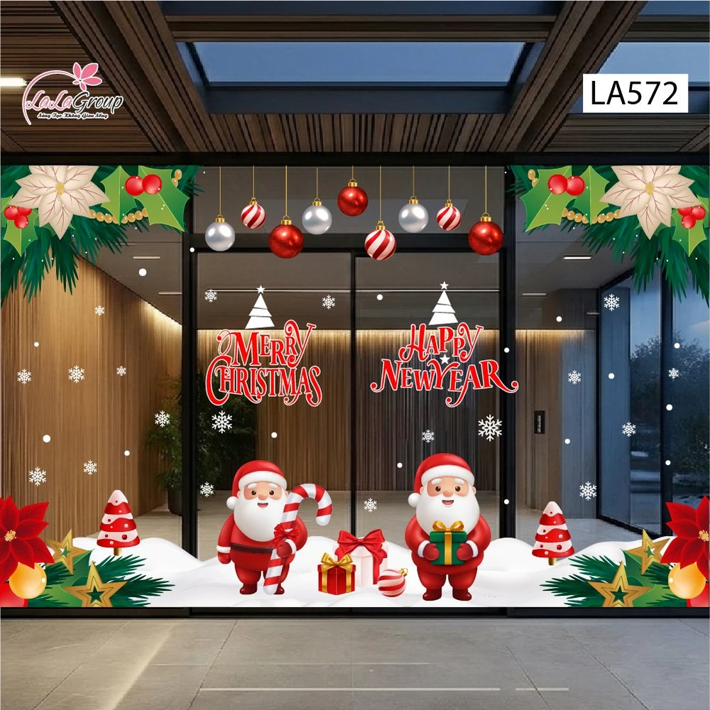 Combo Decal Nguyên Tấm Trang Trí Noel Hoa Trạng Nguyên, Quả Châu Treo Và Ông Già Noel