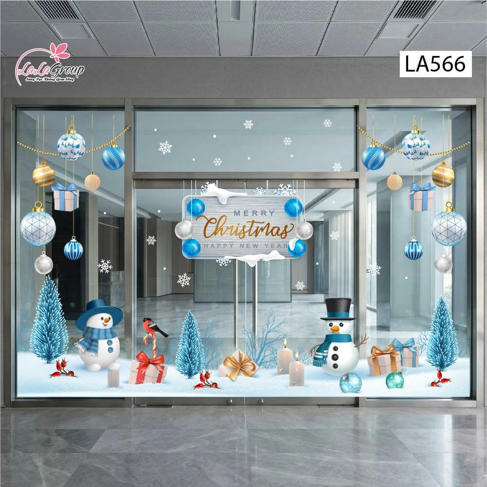 Combo Decal Nguyên Tấm Trang Trí Noel Người Tuyết Băng Giá, Quả Châu Xanh Sang Trọng