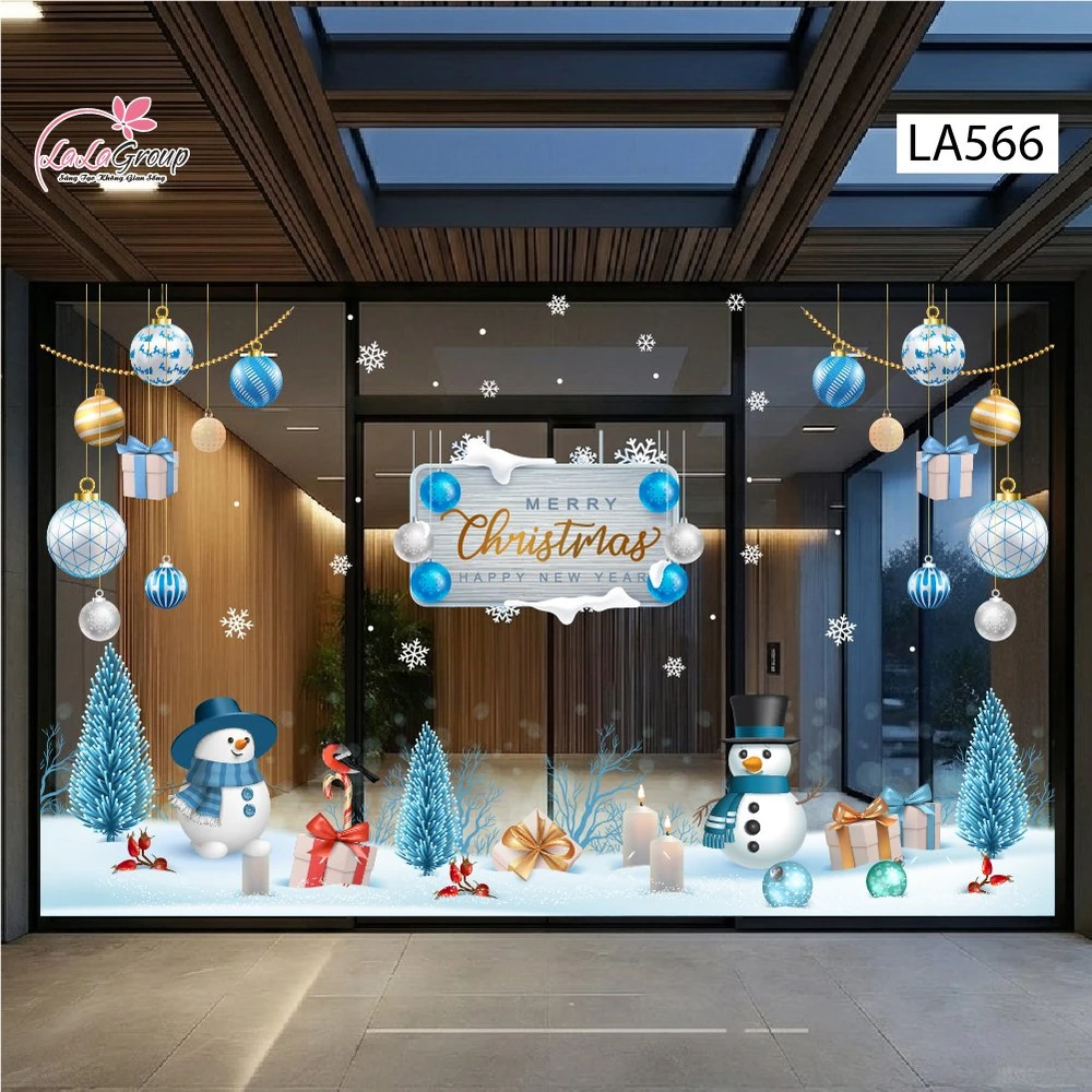 Combo Decal Nguyên Tấm Trang Trí Noel Người Tuyết Băng Giá, Quả Châu Xanh Sang Trọng
