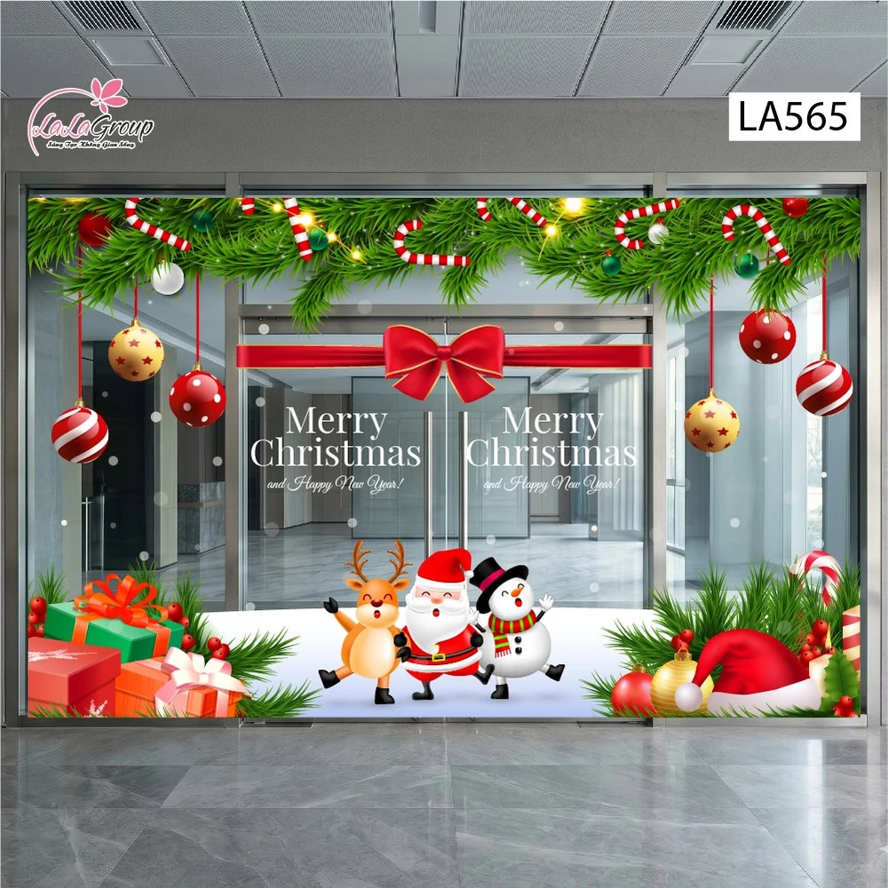 Combo Decal Nguyên Tấm Trang Trí Noel Nơ Đỏ, Dây Thông Rủ Và Bộ Ba Giáng Sinh Vui Nhộn
