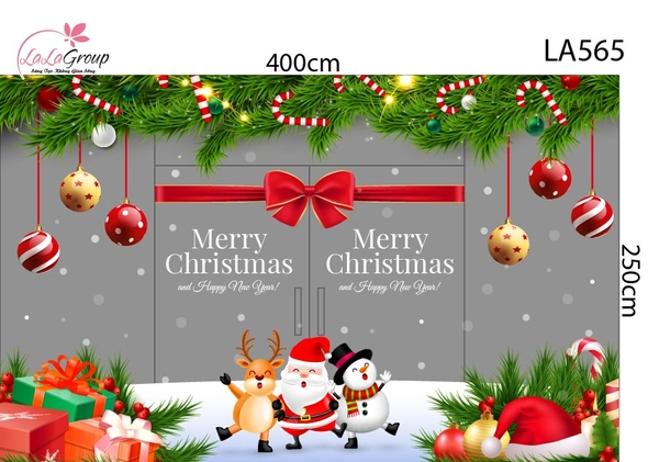 Combo Decal Nguyên Tấm Trang Trí Noel Nơ Đỏ, Rèm Cành Thông Và Ông Già Noel Hát Ca