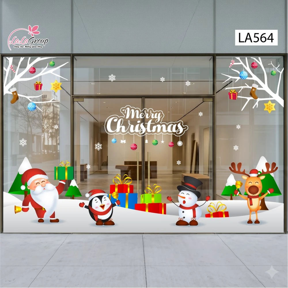 Combo Decal Nguyên Tấm Trang Trí Noel Ông Già Noel, Người Tuyết Và Tuần Lộc Vui Nhộn