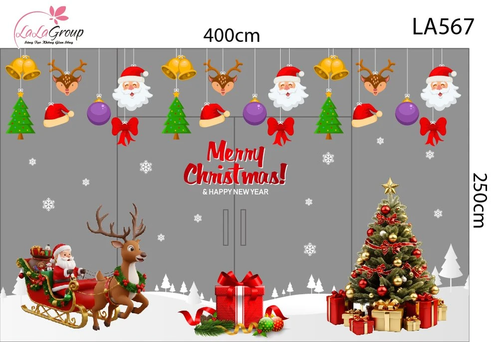 Combo Decal Nguyên Tấm Trang Trí Noel Rèm Dây Treo Chuông Vàng Cùng Cây Thông Rực Rỡ