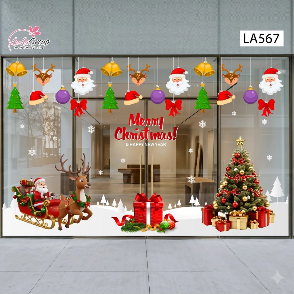 Combo Decal Nguyên Tấm Trang Trí Noel Rèm Dây Treo Chuông Vàng Cùng Cây Thông Rực Rỡ