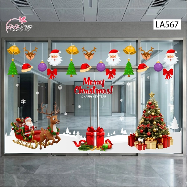 Combo Decal Nguyên Tấm Trang Trí Noel Rèm Dây Treo Chuông Vàng Cùng Cây Thông Rực Rỡ