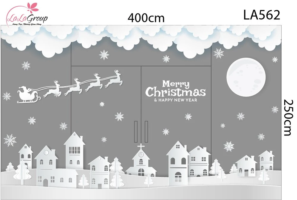 Combo Decal Nguyên Tấm Trang Trí Noel Thị Trấn Tuyết Trắng Và Xe Tuần Lộc Bay Dán Cửa Kính