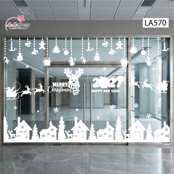 Combo Decal Nguyên Tấm Trang Trí Noel Tuần Lộc Quàng Khăn Và Thị Trấn Tuyết Trắng