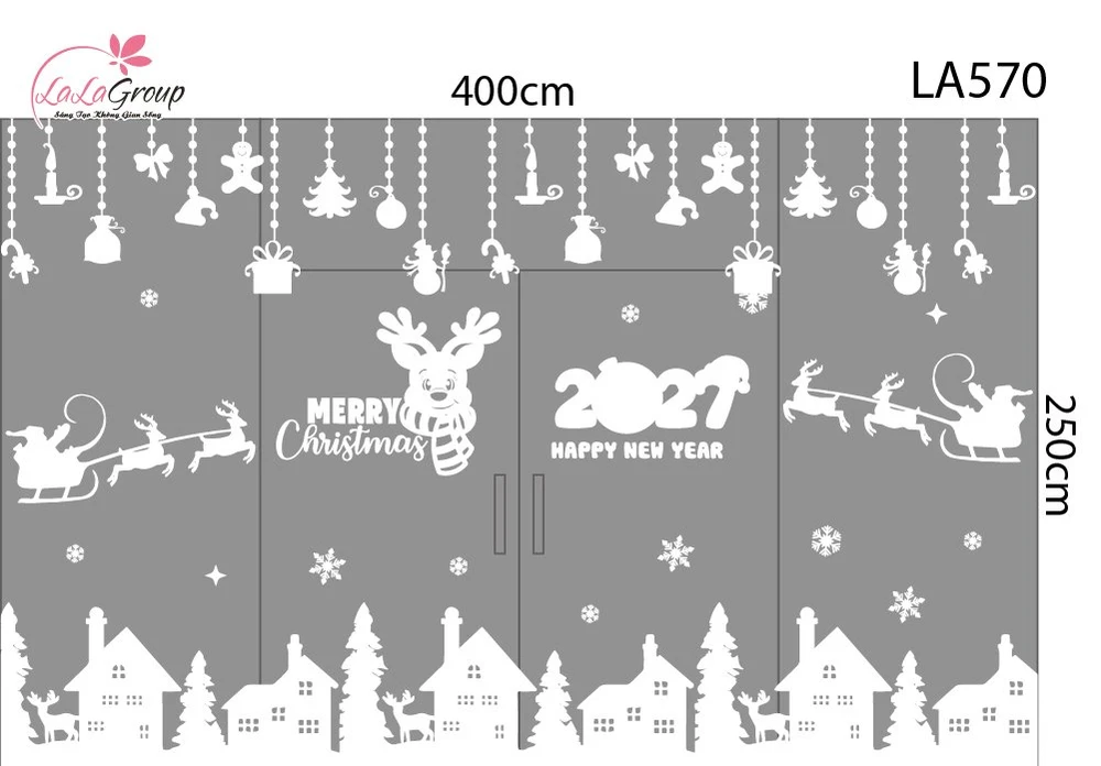 Combo Decal Nguyên Tấm Trang Trí Noel Tuần Lộc Quàng Khăn Và Thị Trấn Tuyết Trắng