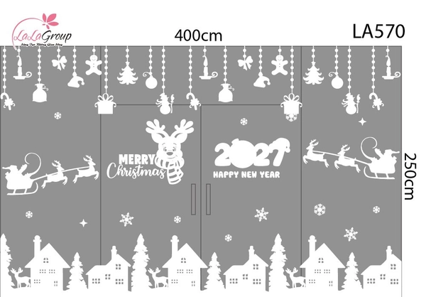 Combo Decal Nguyên Tấm Trang Trí Noel Tuần Lộc Quàng Khăn Và Thị Trấn Tuyết Trắng