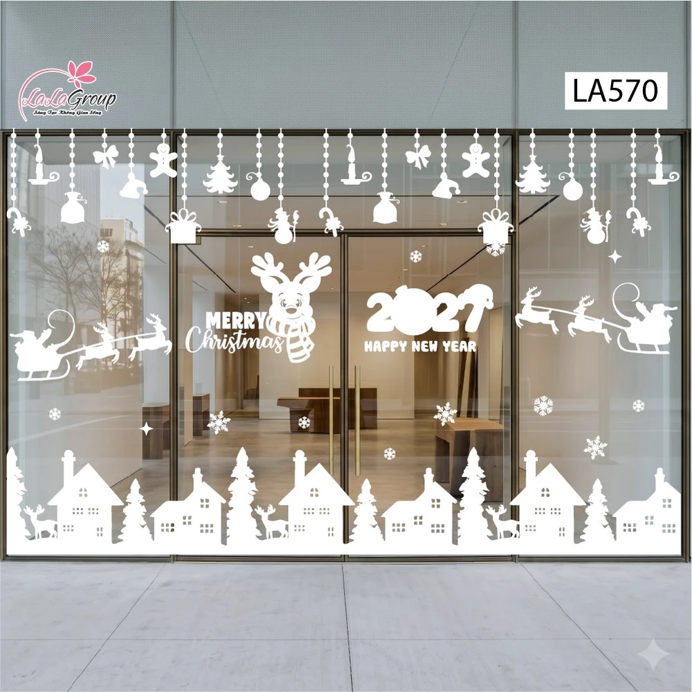 Combo Decal Nguyên Tấm Trang Trí Noel Tuần Lộc Quàng Khăn Và Thị Trấn Tuyết Trắng