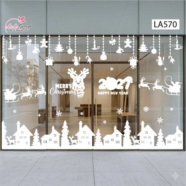 Combo Decal Nguyên Tấm Trang Trí Noel Tuần Lộc Quàng Khăn Và Thị Trấn Tuyết Trắng