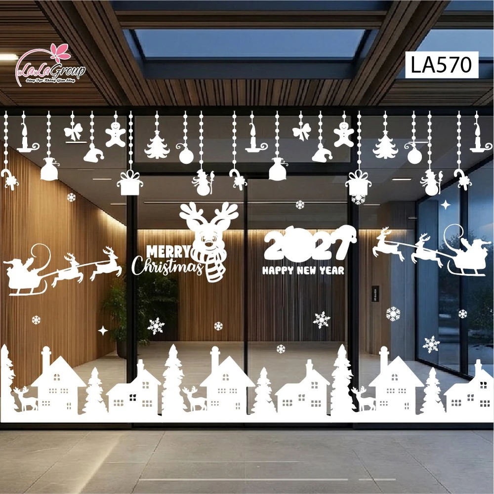 Combo Decal Nguyên Tấm Trang Trí Noel Tuần Lộc Quàng Khăn Và Thị Trấn Tuyết Trắng
