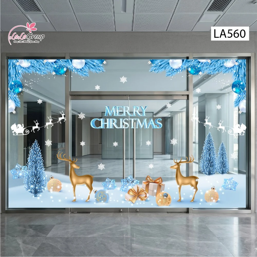 Combo Decal Nguyên Tấm Trang Trí Noel Tuần Lộc Và Cây Thông Tone Xanh Băng Tuyết