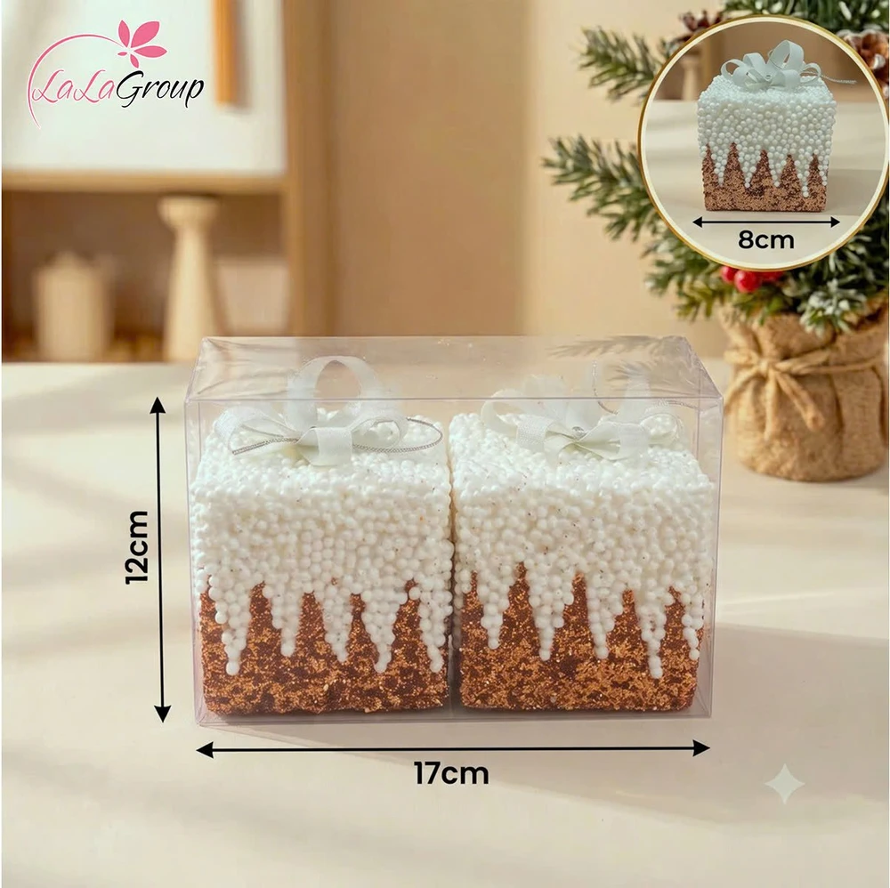 Set 2 hộp quà đỏ kim tuyến treo cây thông noel
