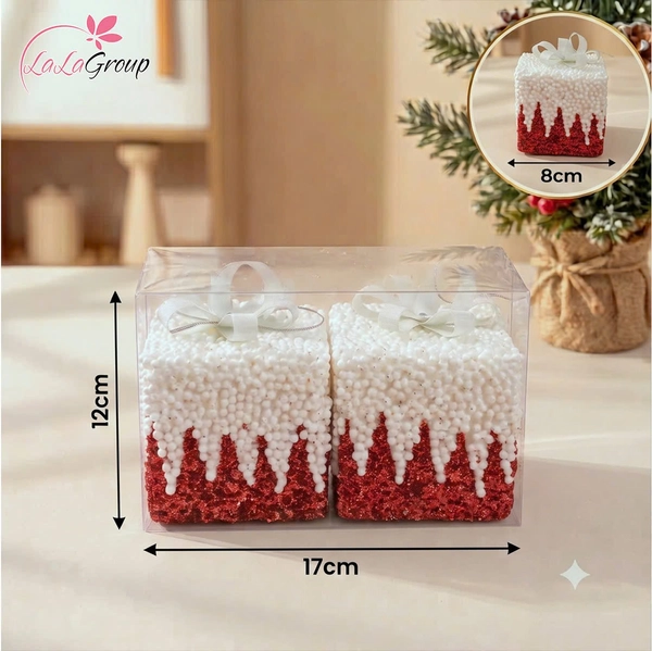 Set 2 hộp quà đỏ kim tuyến treo cây thông noel