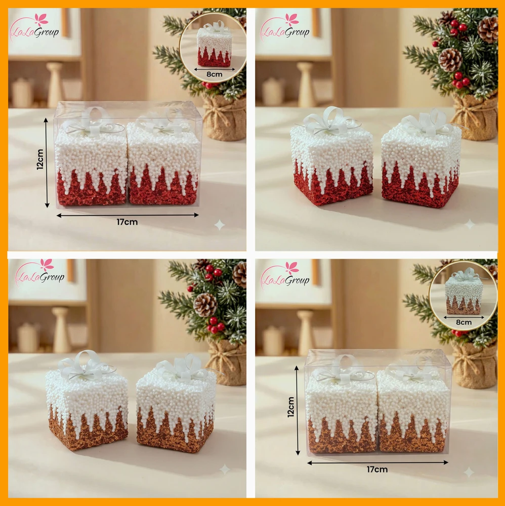 Set 2 hộp quà đỏ kim tuyến treo cây thông noel