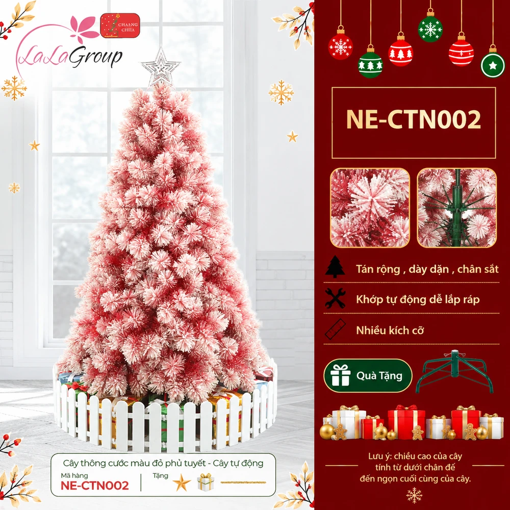 Cây thông noel cước màu đỏ phủ tuyết - Cây tự động