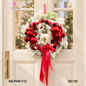 Vòng Nguyệt Quế Noel 50cm Châu Nhung Đỏ Kèm Đèn Led