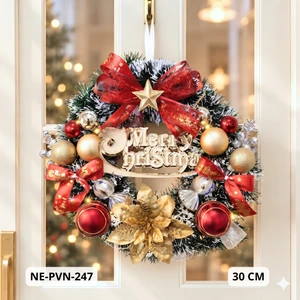 Vòng nguyệt quế trang trí noel dây thông phủ tuyết và hoa trạng nguyên vàng 30cm có đèn led