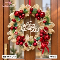 Vòng nguyệt quế trang trí noel trái châu đỏ 40cm có đèn led