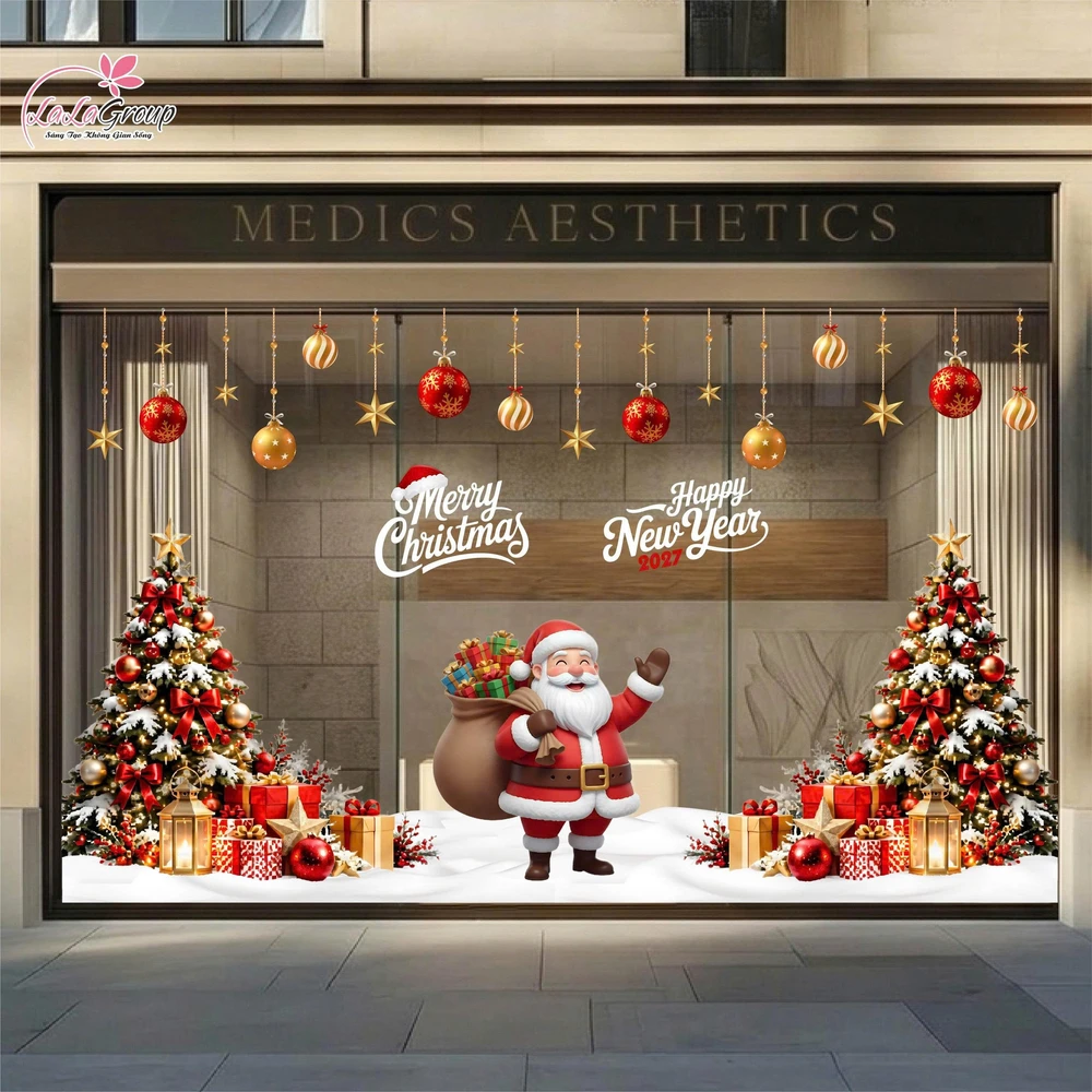 Combo Decal Nguyên Tấm Trang Trí Noel Ông Già Noel Và Cây Thông Tone Đỏ