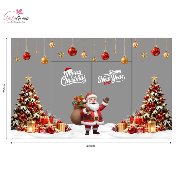 Combo Decal Nguyên Tấm Trang Trí Noel Ông Già Noel Và Cây Thông Tone Đỏ