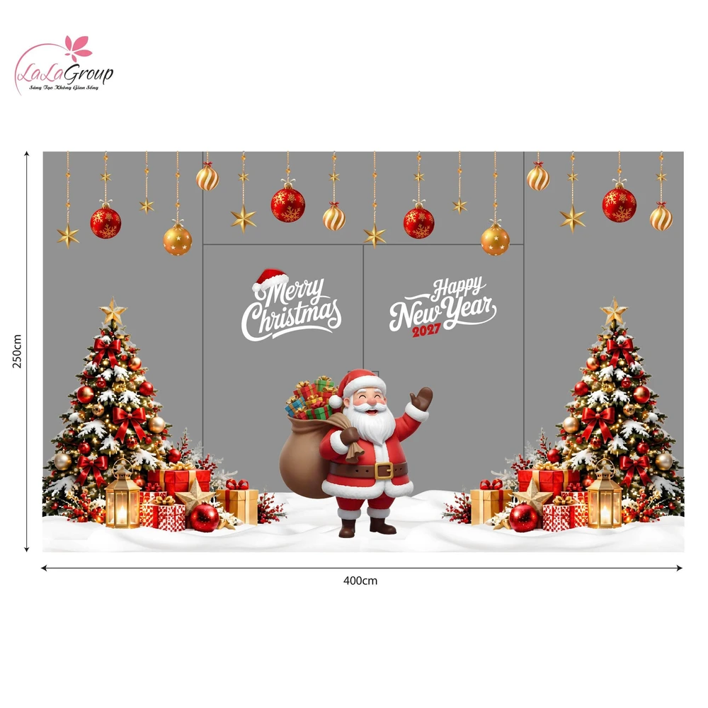 Combo Decal Nguyên Tấm Trang Trí Noel Ông Già Noel Và Cây Thông Tone Đỏ